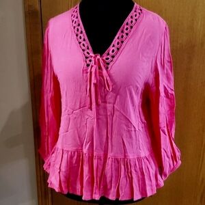 Dkny pink eyelet collar ruffle waist lightweight long sleeve romantic top